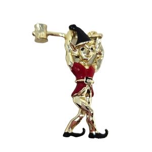 Vintage Pixie Elf Pin Brooch Enamel Gold Tone Red Black